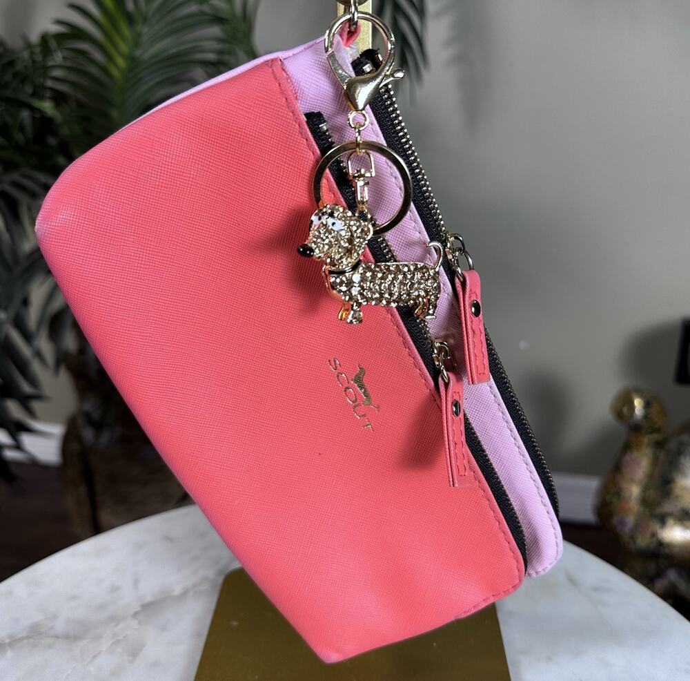 Scout Weenie Dog Dachshund Wristlet Bling Charm Pockets Metal zip Coral Pink
